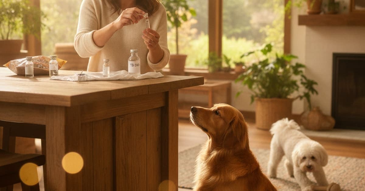 A dog being cared for at home, illustrating tb-500 reconstitution for dogs