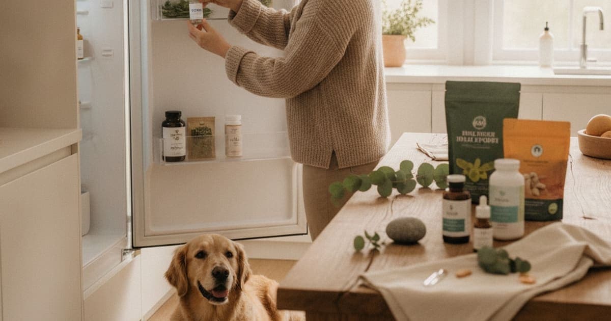 A dog being cared for at home, illustrating tb-500 storage temperature for dogs