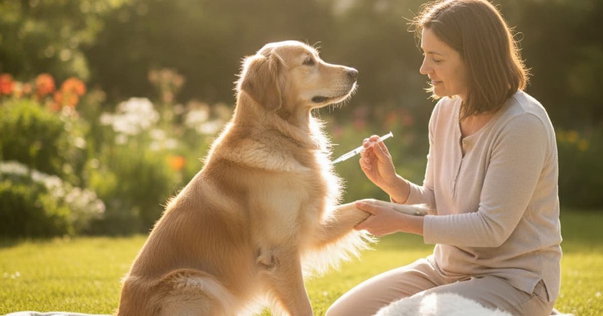 A dog being cared for at home, illustrating tb-500 subcutaneous injection for dogs: how it works