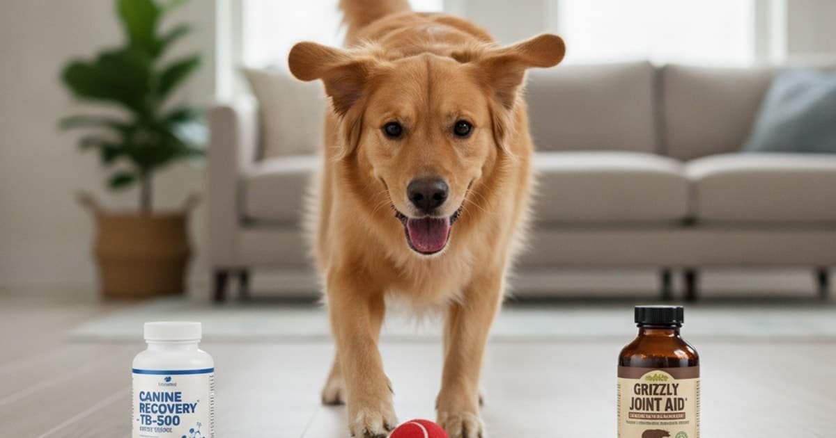 A dog being cared for at home, illustrating tb-500 vs grizzly joint aid for dogs: how they differ
