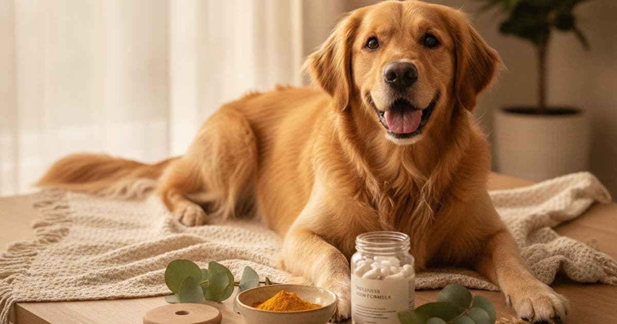 A dog being cared for at home, illustrating tb-500 vs turmeric for dogs: which one fits recovery