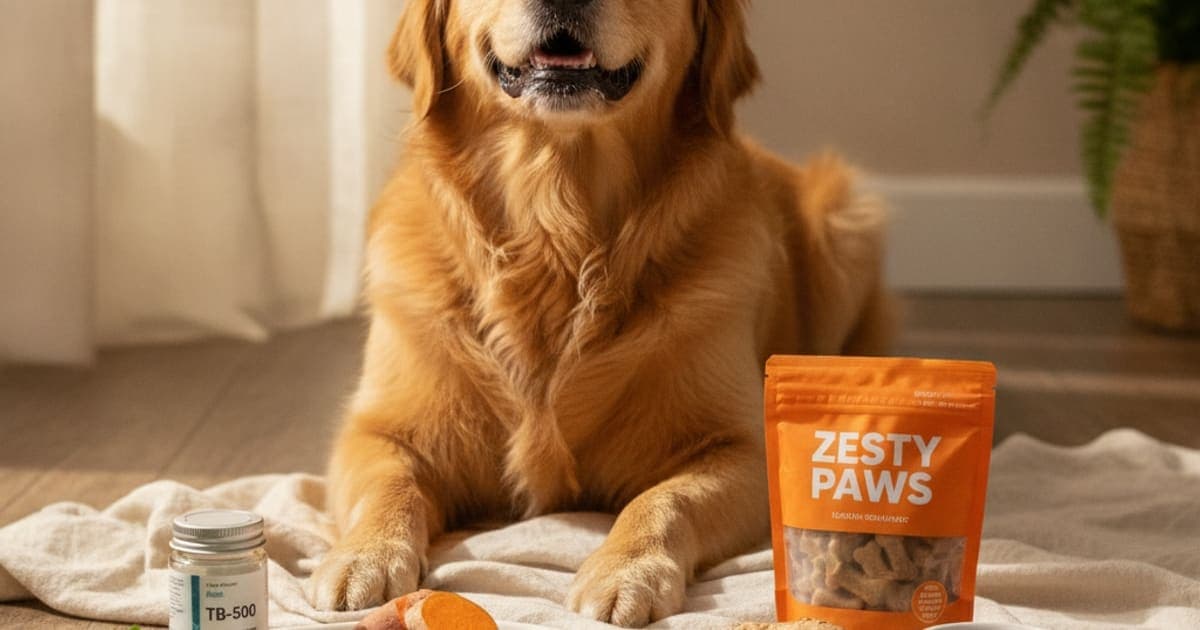 A dog being cared for at home, illustrating tb-500 vs zesty paws for dogs
