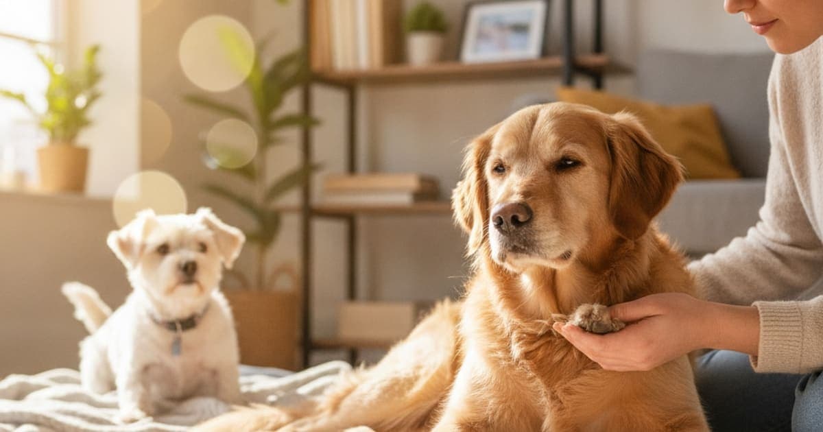 A dog being cared for at home, illustrating tendon injury in dogs: signs, causes and what helps