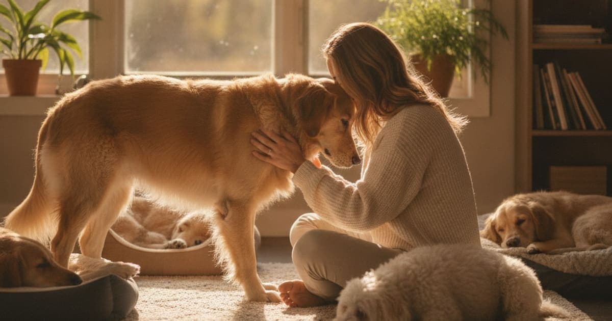 A dog being cared for at home, illustrating tendonitis in dogs: signs, causes and what helps