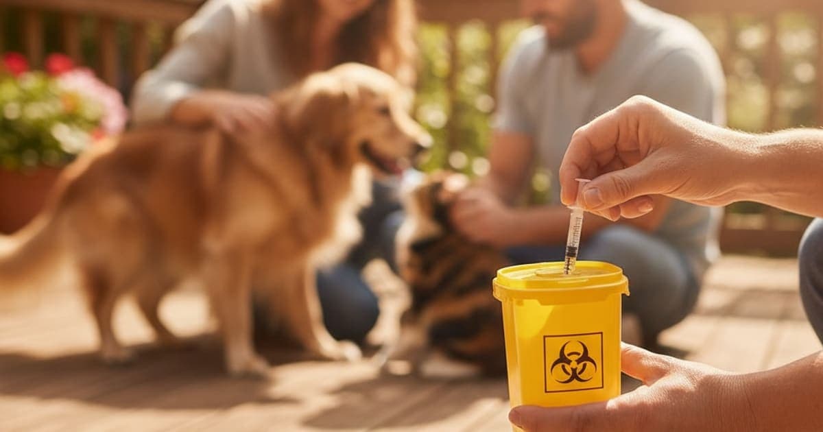 A dog being cared for at home, illustrating wolverine stack: disposing of needles for dogs safely