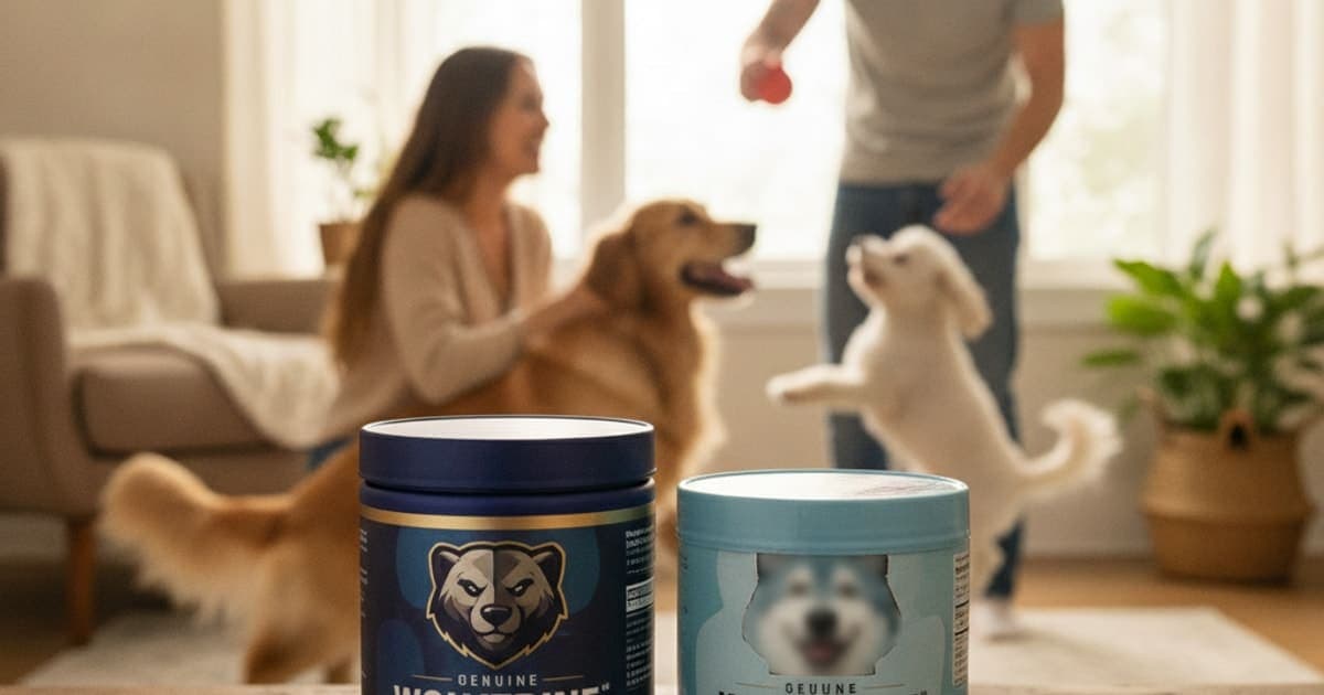 A dog being cared for at home, illustrating wolverine stack fake vs real for dogs: spot the fakes