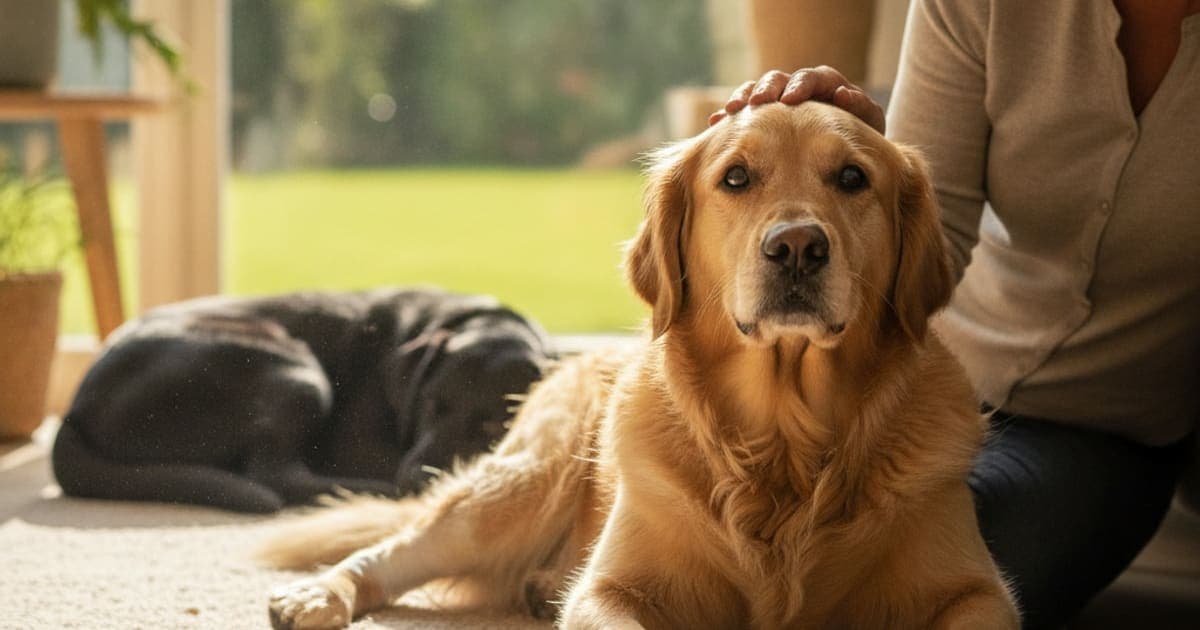 A dog being cared for at home, illustrating wolverine stack for dog achilles tendon injury