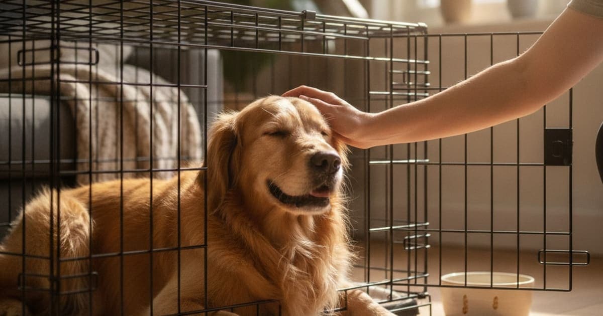 A dog being cared for at home, illustrating the wolverine stack for crate rest in dogs: does it work