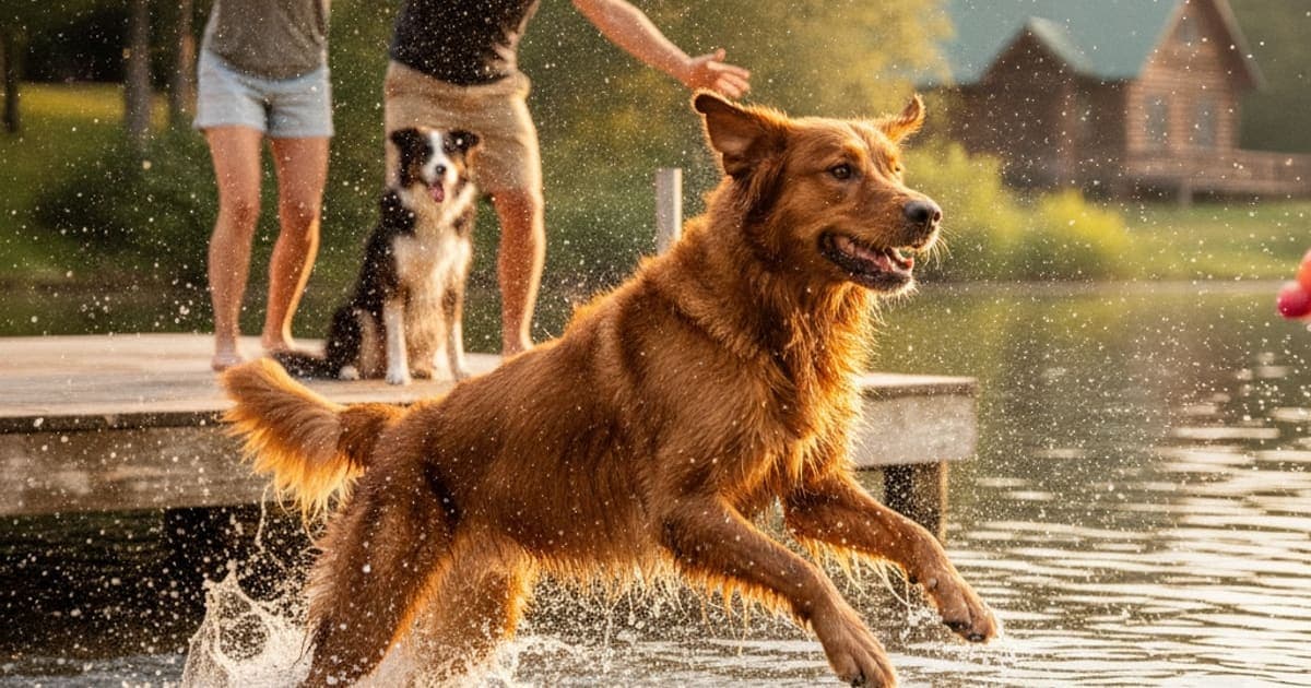 A dog being cared for at home, illustrating the wolverine stack for dock diving dogs