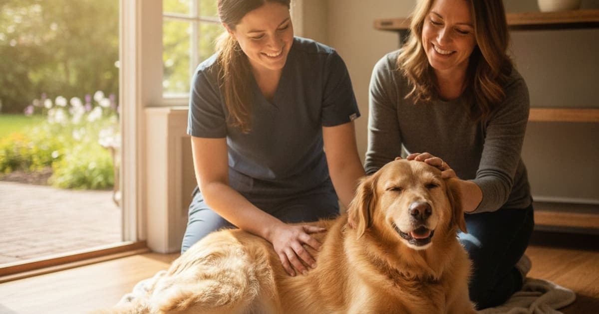 A dog being cared for at home, illustrating wolverine stack for fce in dogs