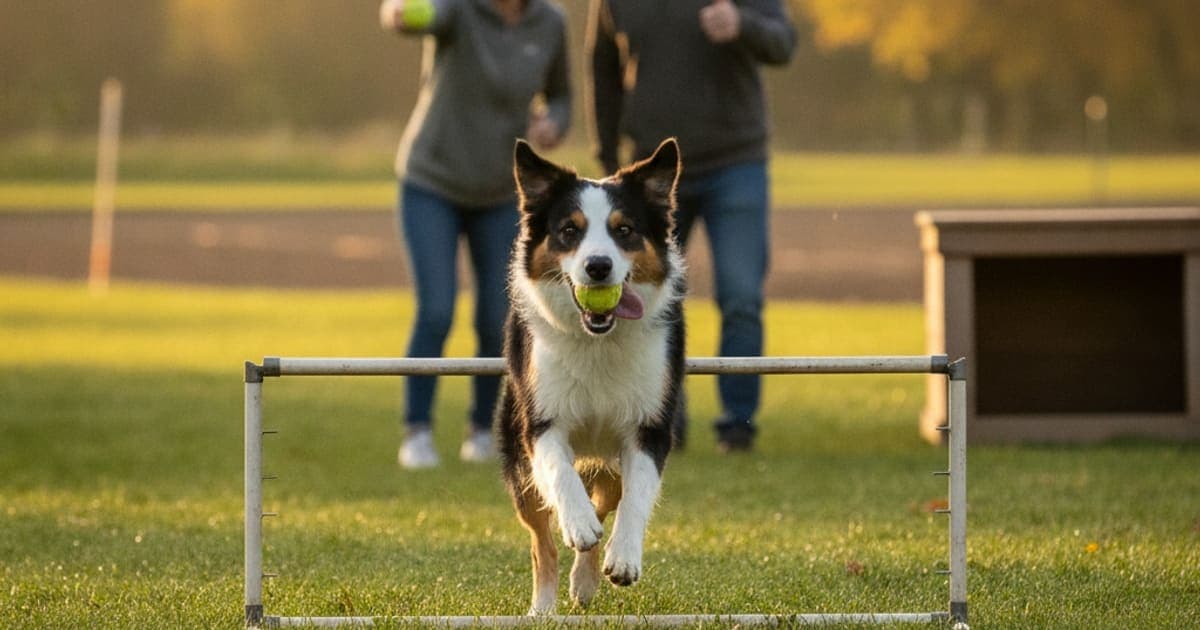 A dog being cared for at home, illustrating the wolverine stack for flyball dogs