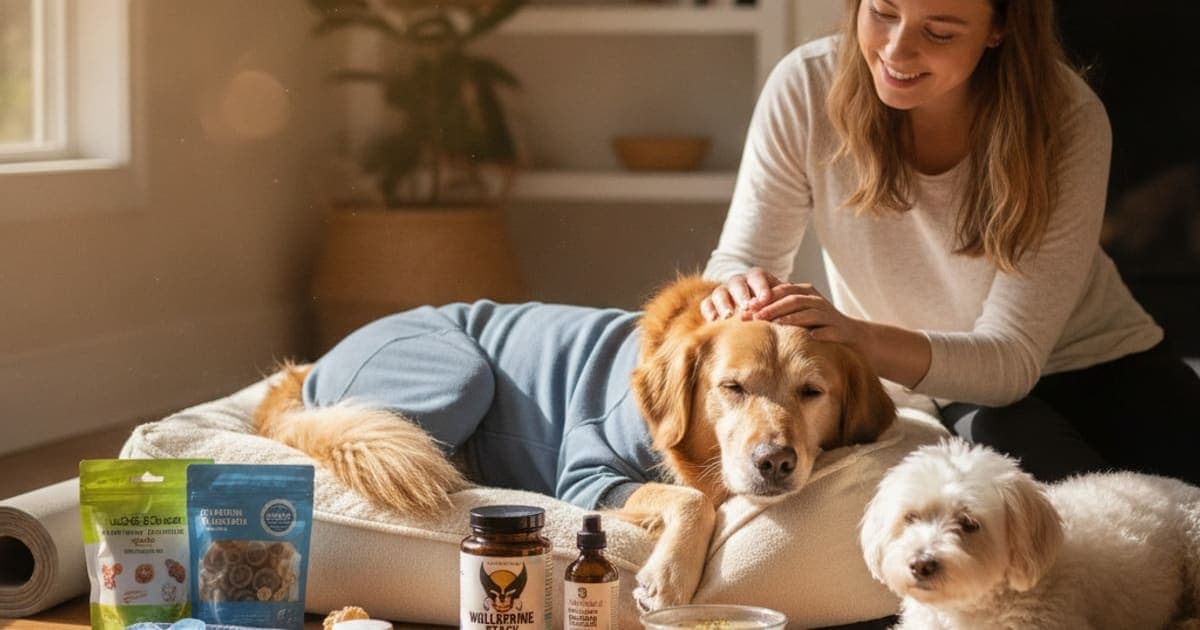A dog being cared for at home, illustrating the wolverine stack for post-op dogs: what it is