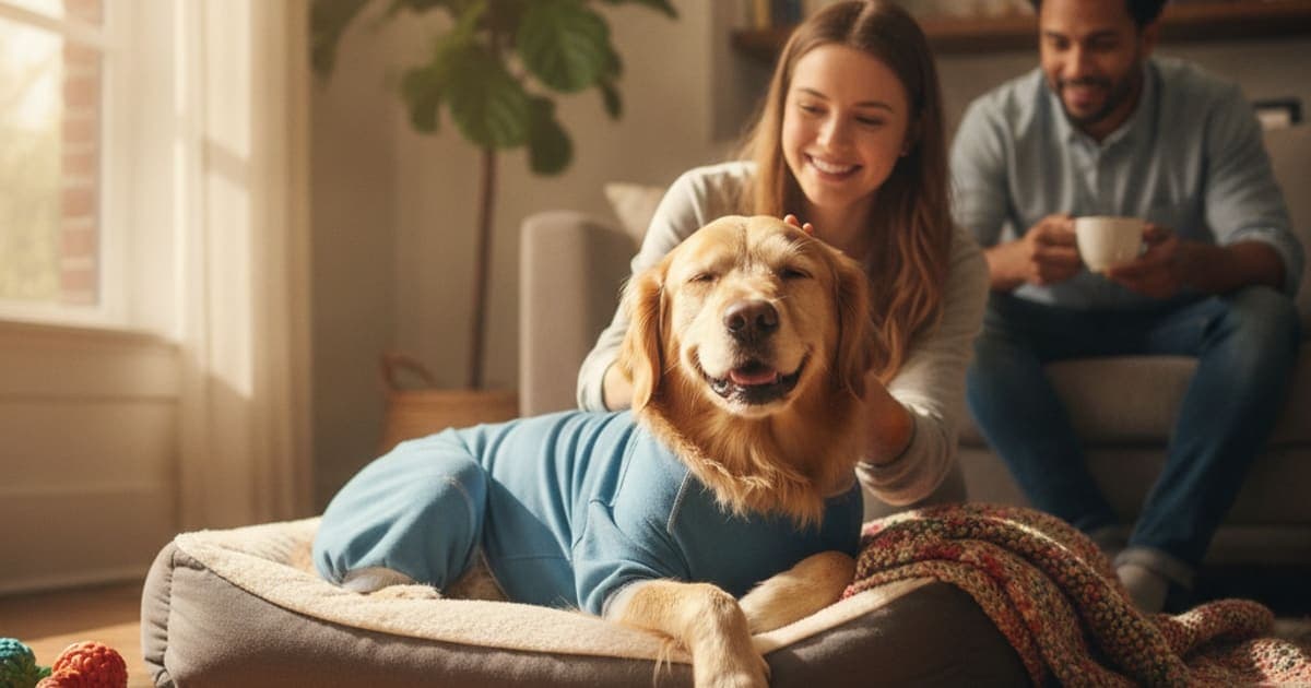 A dog being cared for at home, illustrating the wolverine stack for post-surgical dog recovery