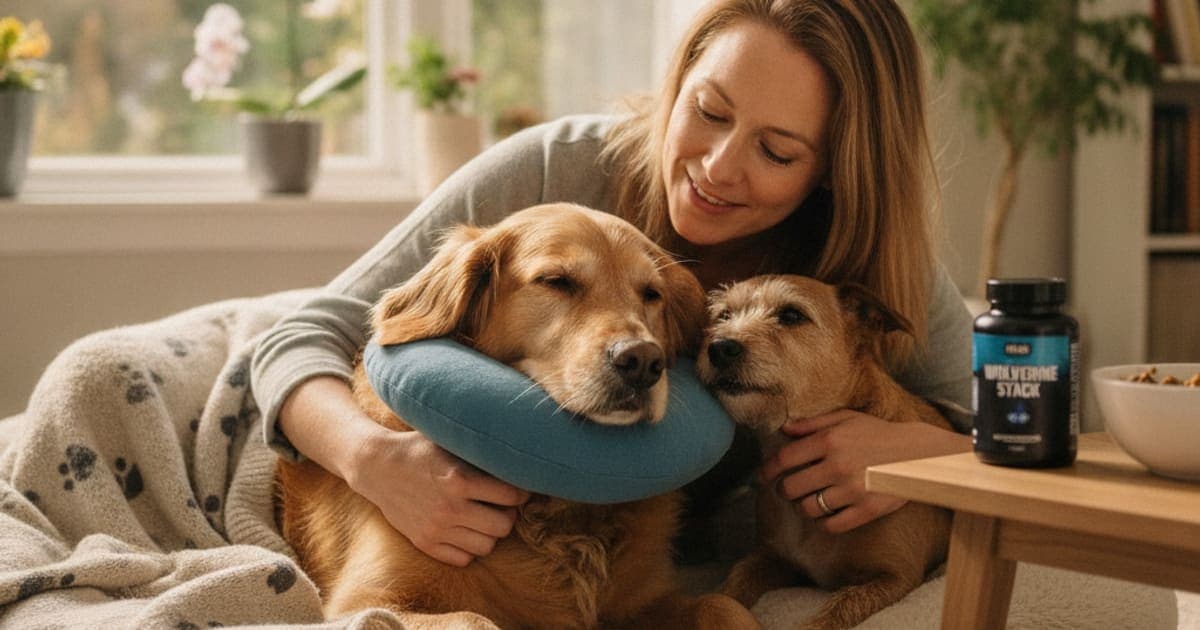 A dog being cared for at home, illustrating the wolverine stack for spay recovery in dogs: what it does