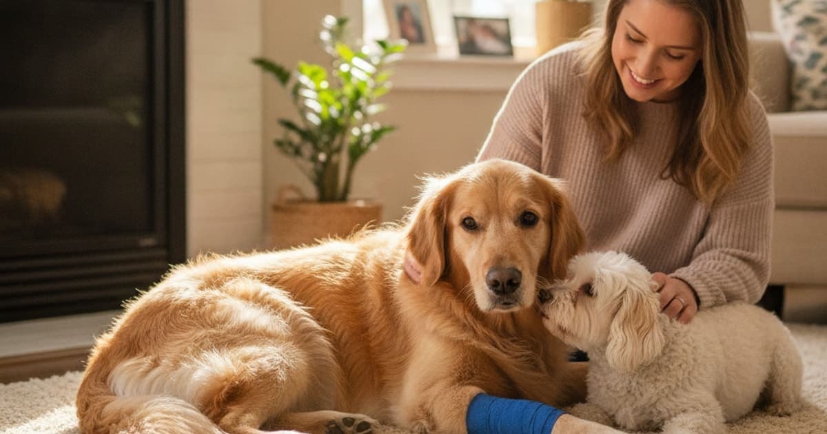 A dog being cared for at home, illustrating wolverine stack for sprained leg in dogs: does it work