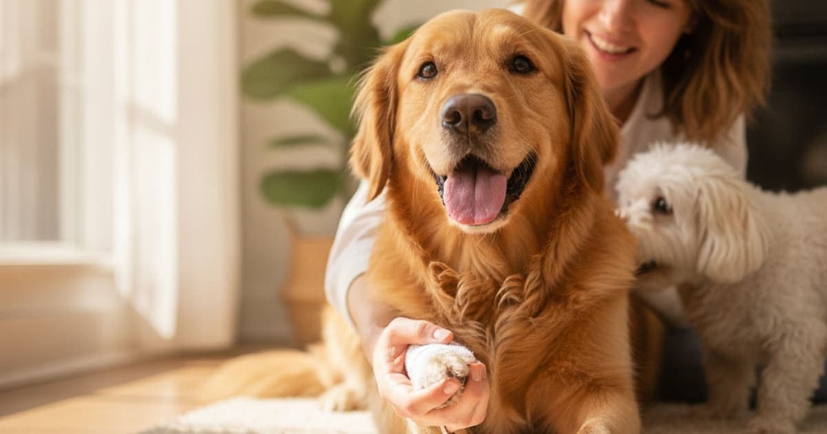 A dog being cared for at home, illustrating the wolverine stack for toe injury in dogs: does it work