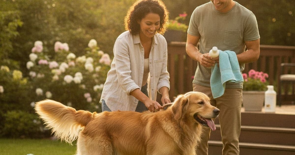 A dog being cared for at home, illustrating the wolverine stack: handling and hygiene for dogs