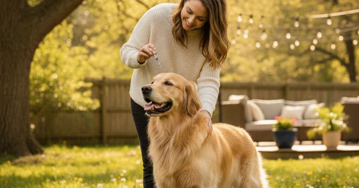 A dog being cared for at home, illustrating the wolverine stack: injecting a large dog alone