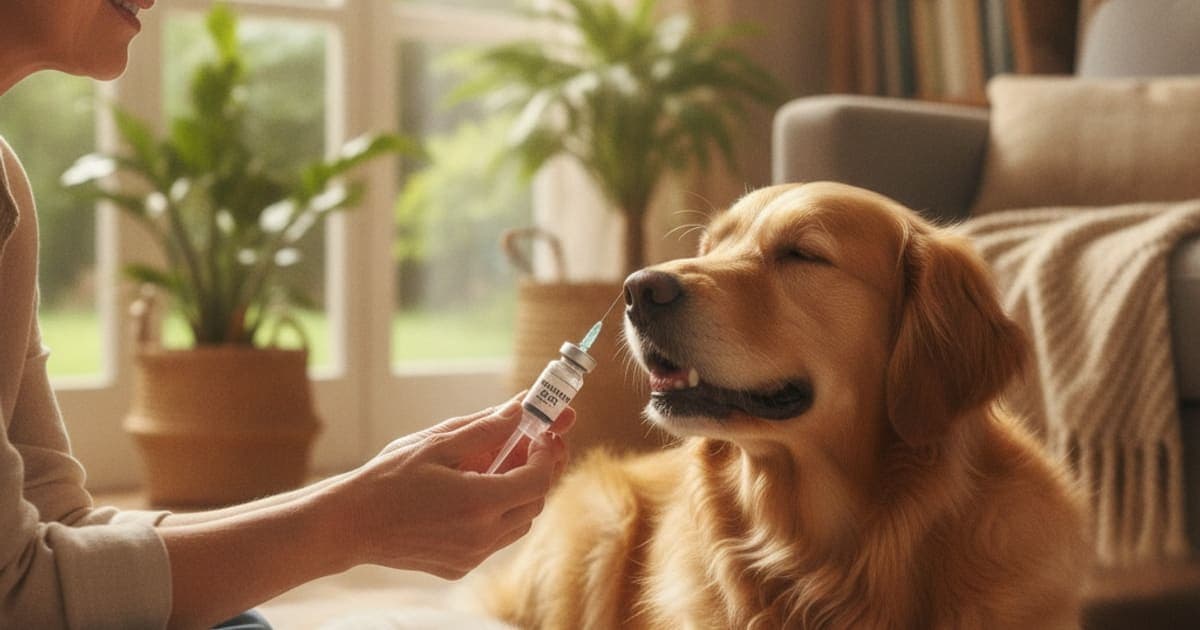 A dog being cared for at home, illustrating the wolverine stack: subcutaneous injection for dogs