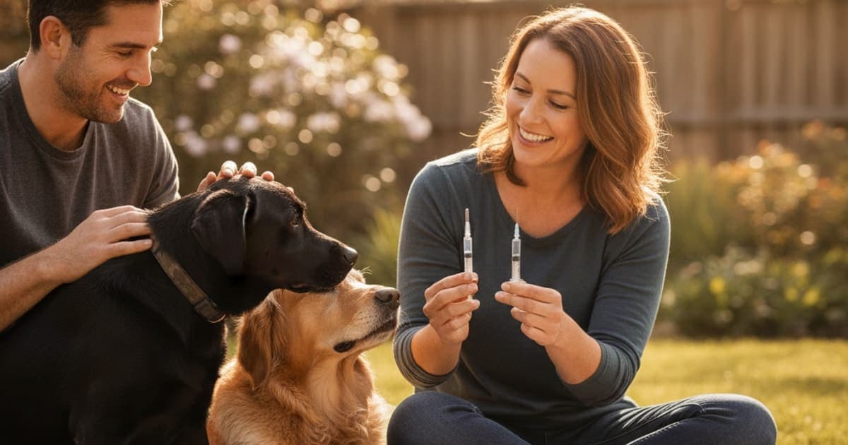 A dog being cared for at home, illustrating wolverine stack syringe size for dogs