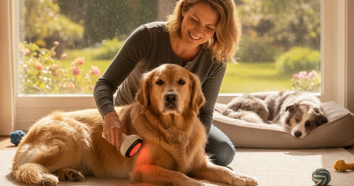 A dog being cared for at home, illustrating wolverine stack vs laser therapy for dogs