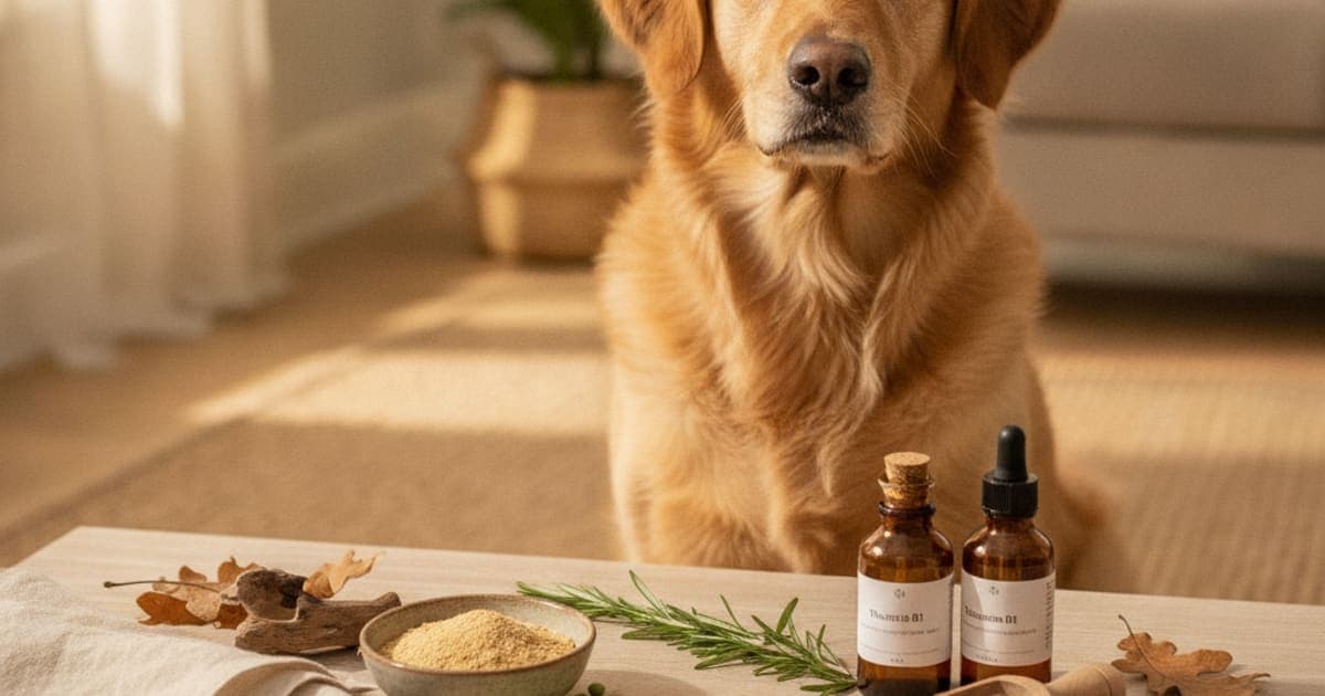 A dog being cared for at home, illustrating thiamine supplements for dogs: what vitamin b1 supports