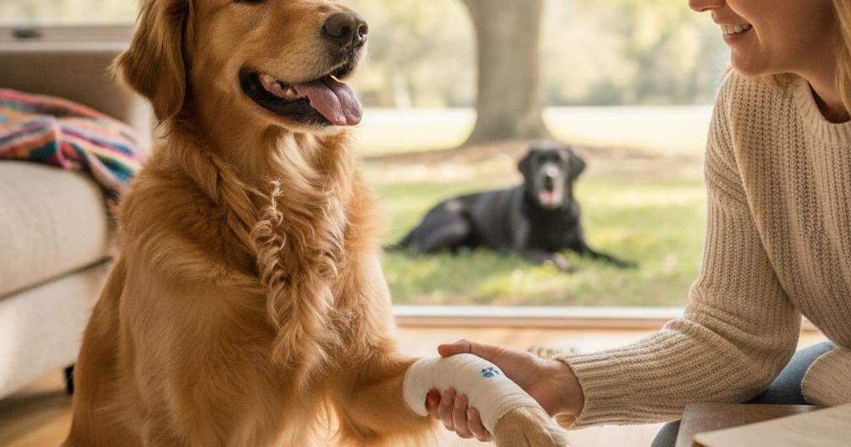 A dog being cared for at home, illustrating toe injury in dogs: signs, causes and what helps