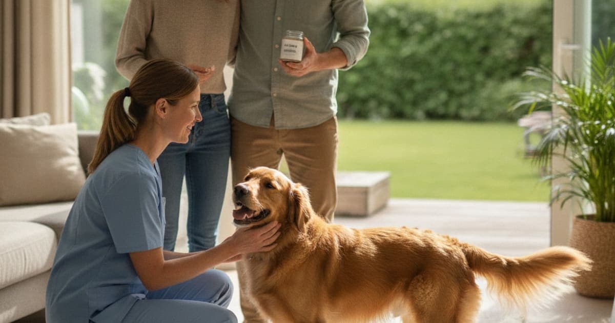A dog being cared for at home, illustrating i stack skin, gut and joint supplements for dogs