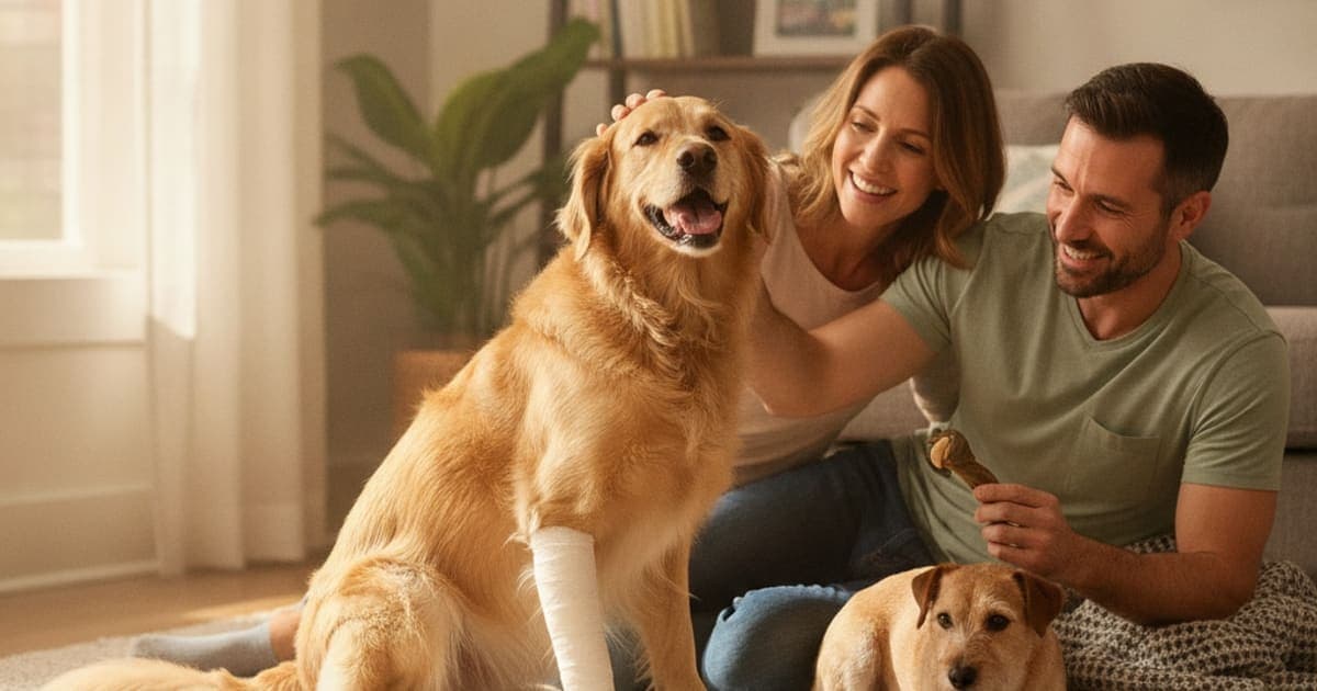 A dog being cared for at home, illustrating torn acl in dogs: signs, causes and what helps
