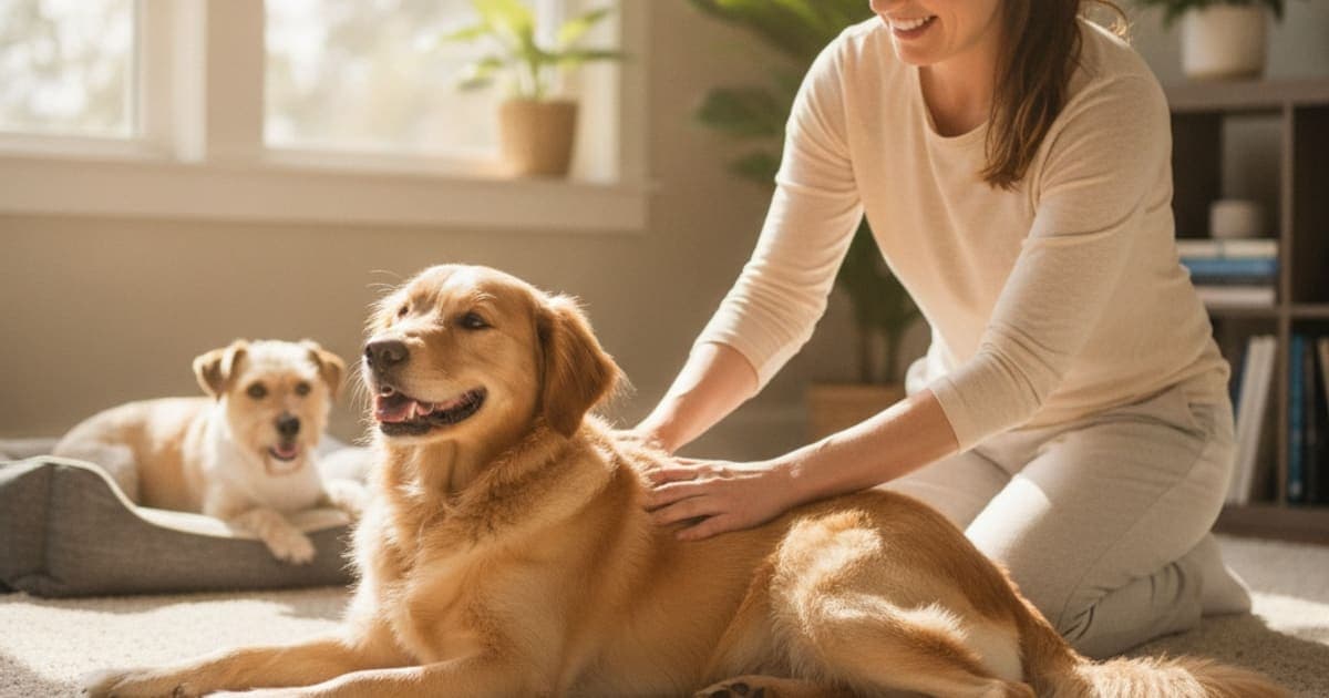 A dog being cared for at home, illustrating tplo recovery in dogs: signs, causes and what helps