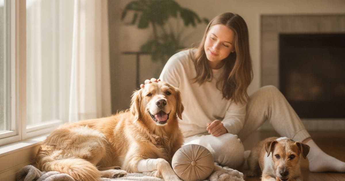 A dog being cared for at home, illustrating tplo surgery recovery in dogs: signs, causes, what helps