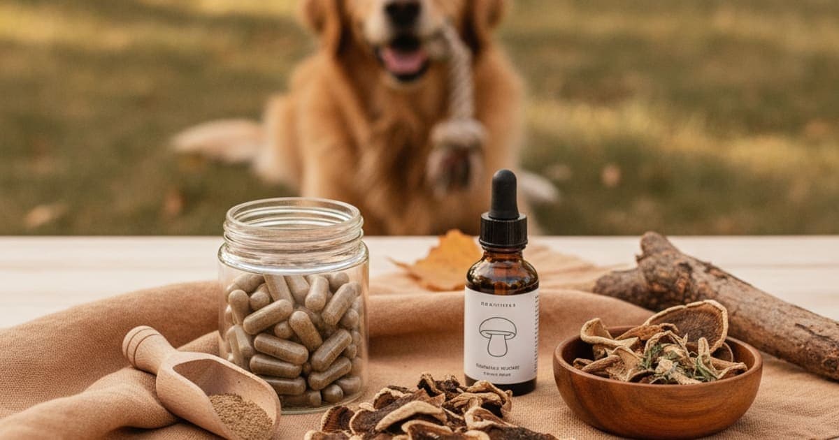 A dog being cared for at home, illustrating turkey tail mushroom supplements for dogs
