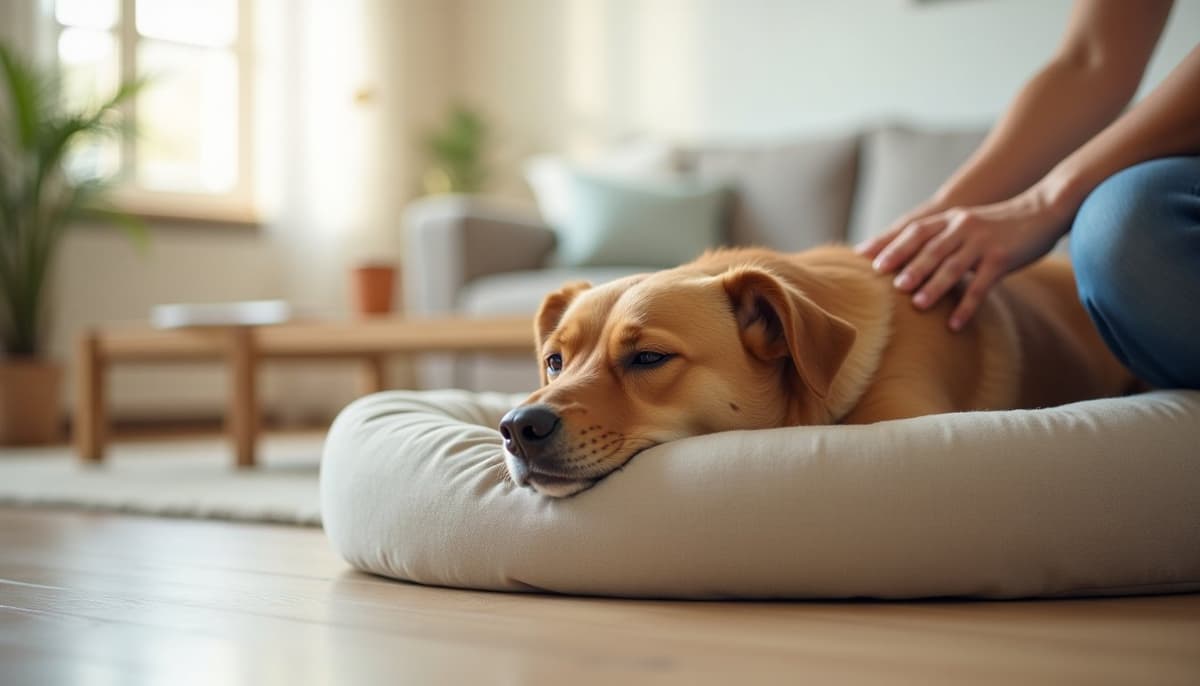 A dog being cared for at home, illustrating turmeric for dogs and joint pain: the evidence