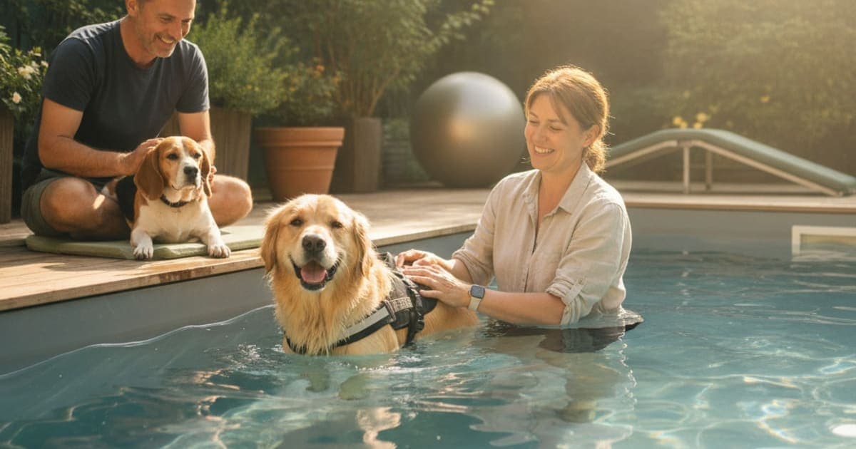 A dog being cared for at home, illustrating underwater treadmill alternatives for dogs: options compared