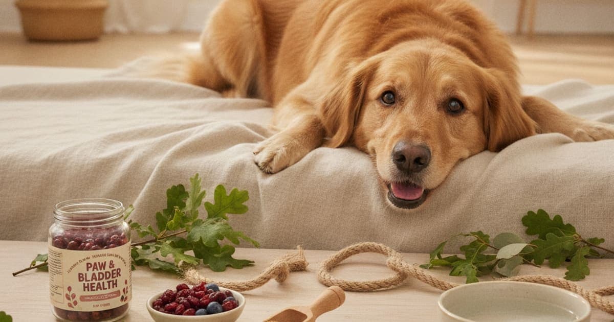 A dog being cared for at home, illustrating urinary supplements for dogs