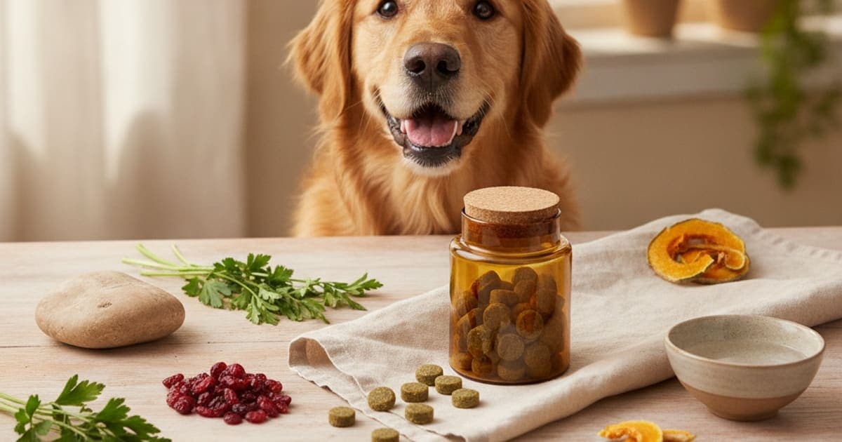 A dog being cared for at home, illustrating urine supplements for dogs