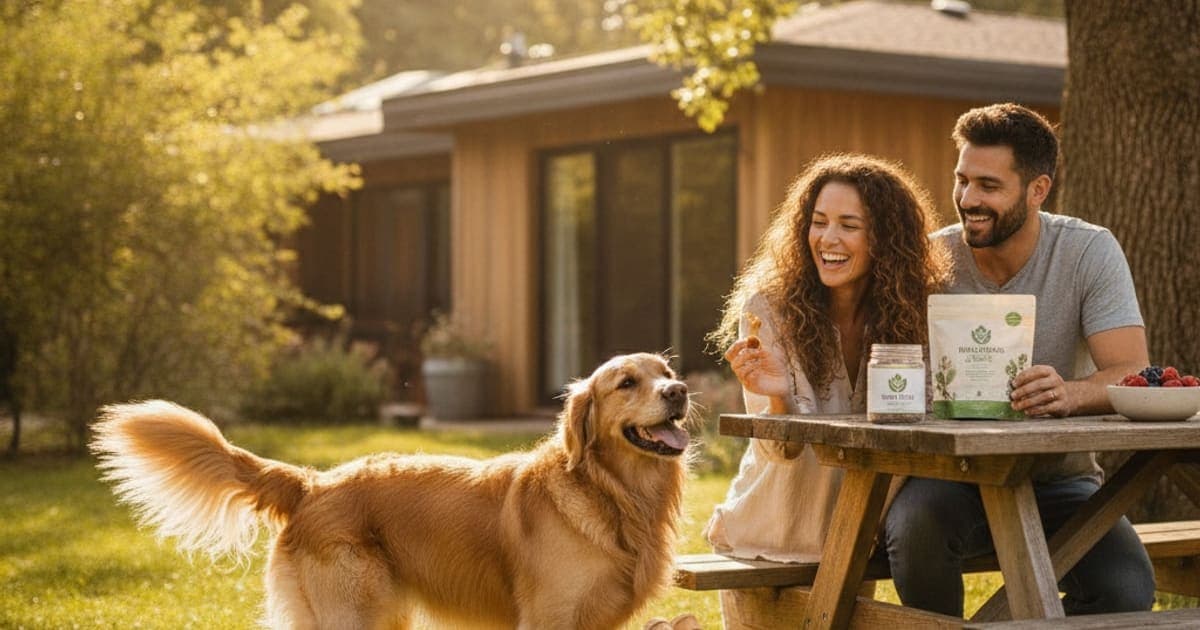 A dog being cared for at home, illustrating vegan dog supplements