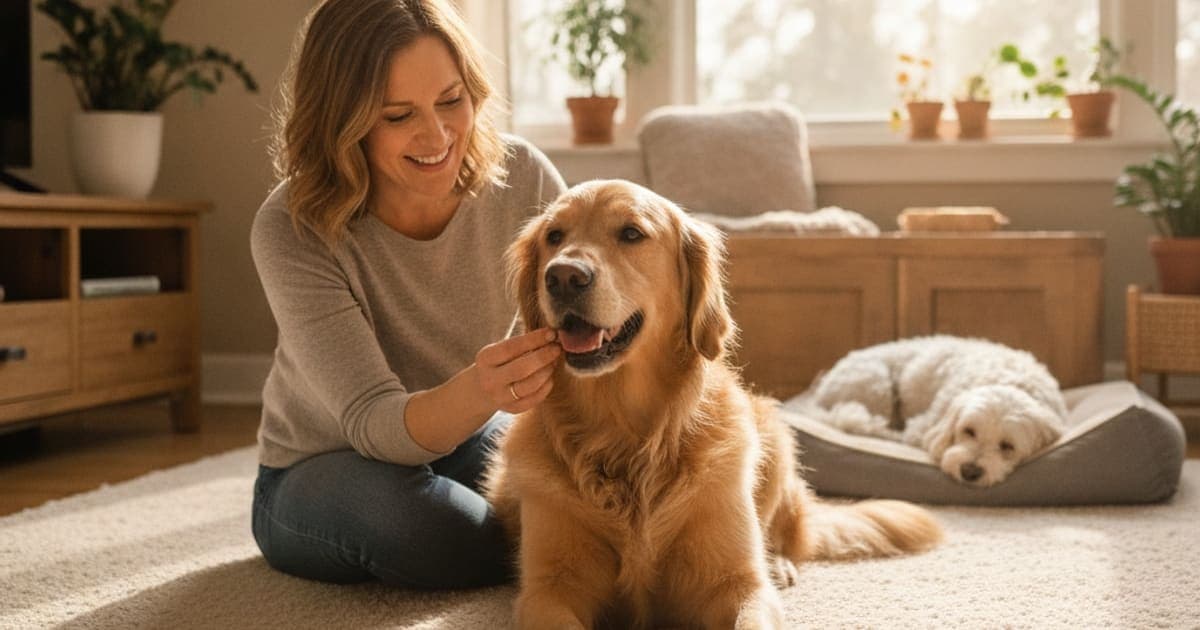 A dog being cared for at home, illustrating vestibular disease in dogs: signs, causes and what helps