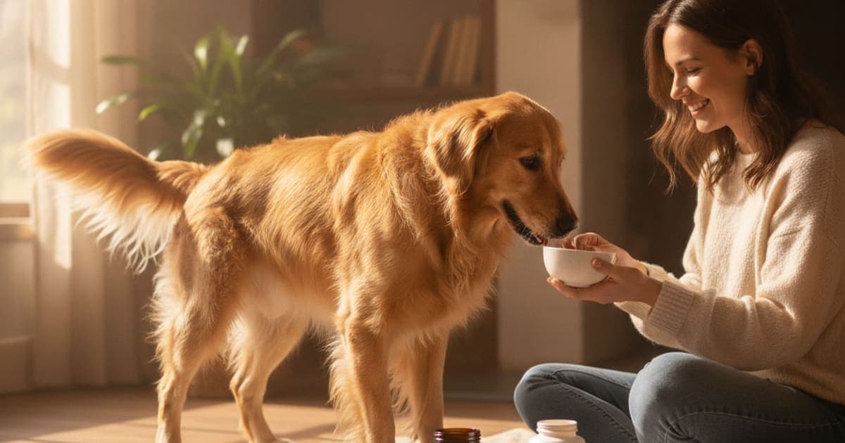 A dog being cared for at home, illustrating vet approved dog supplements: what that phrase means