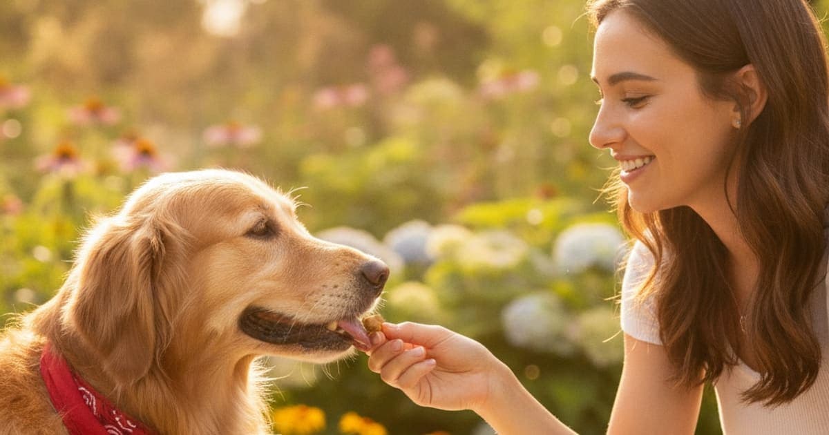 A dog being cared for at home, illustrating vitamin supplements for dogs