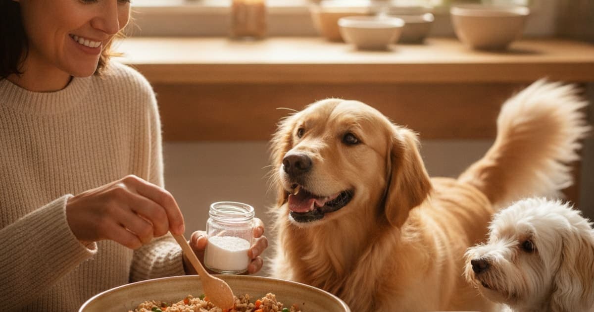 A dog being cared for at home, illustrating vitamin supplements for homemade dog food