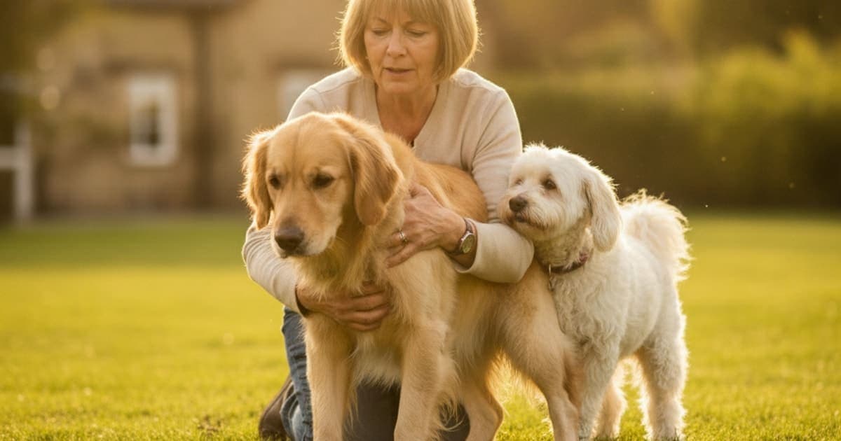 A dog being cared for at home, illustrating what are the first signs of bicipital tenosynovitis in dogs