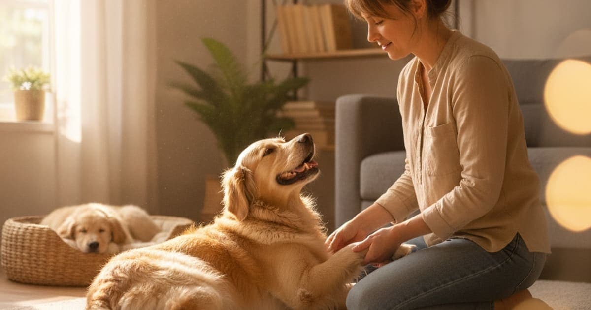 A dog being cared for at home, illustrating what are the first signs of bursitis in dogs? (early clues)