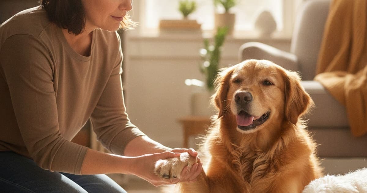 A dog being cared for at home, illustrating what are the first signs of carpal hyperextension in dogs
