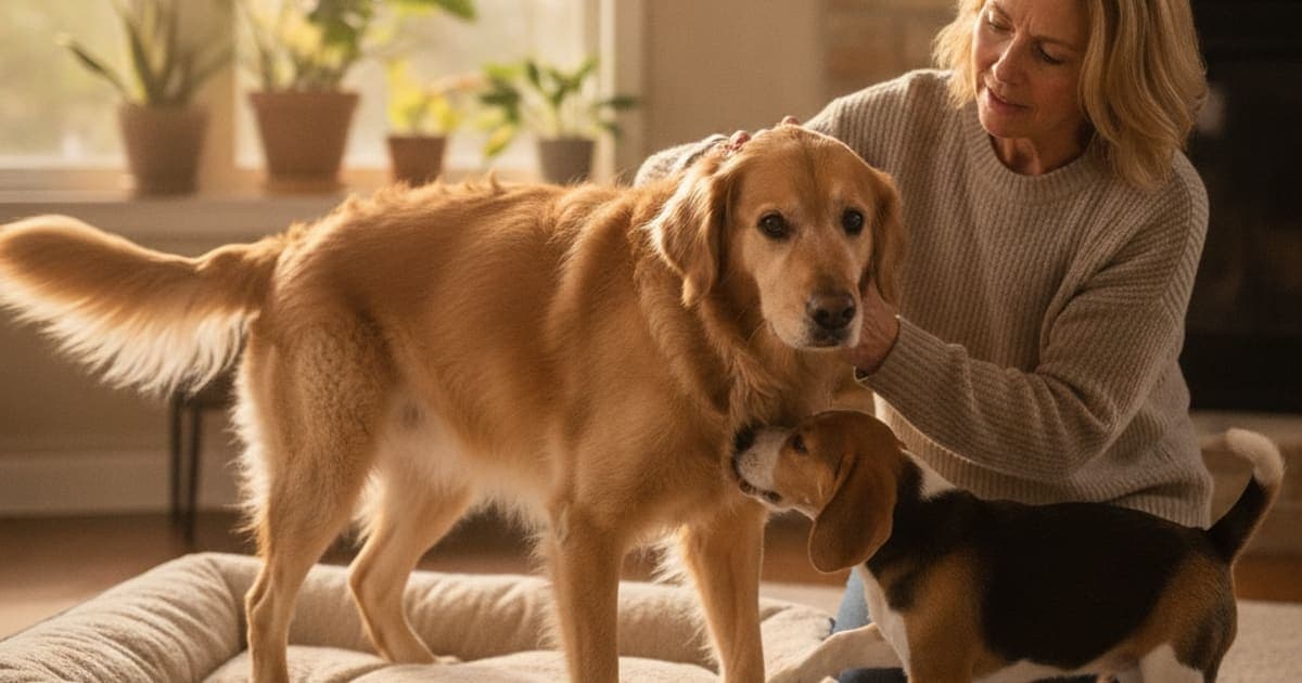 A dog being cared for at home, illustrating what are the first signs of hip arthritis in dogs