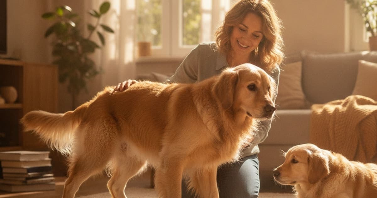A dog being cared for at home, illustrating what are the first signs of hip dysplasia in dogs