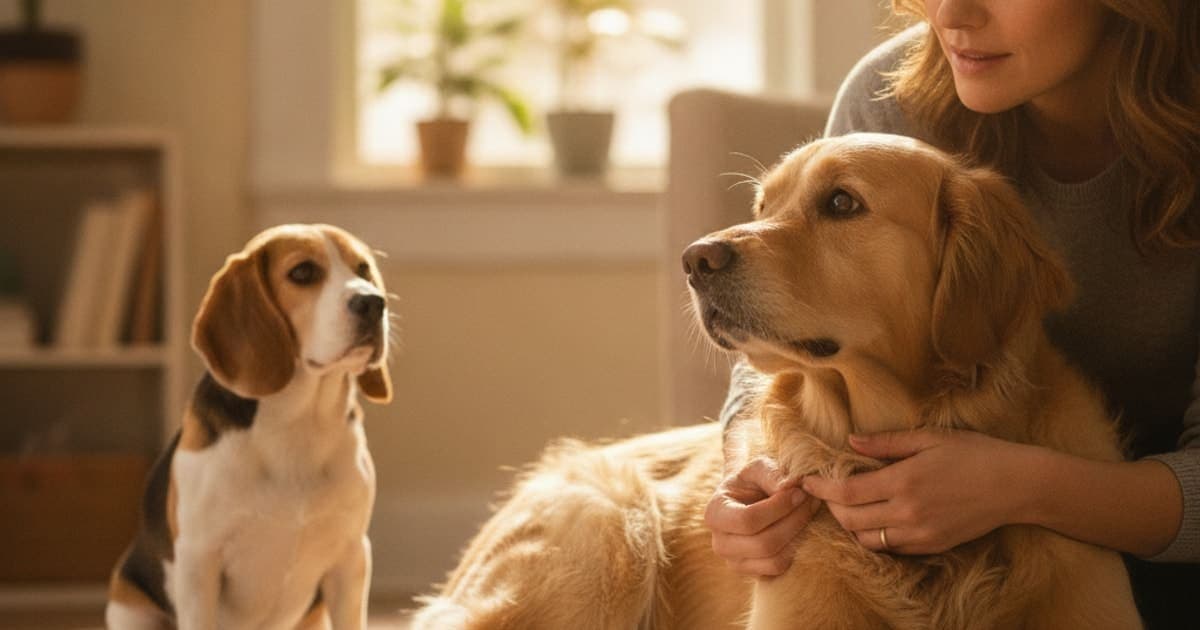 A dog being cared for at home, illustrating what are the first signs of hock injury in dogs