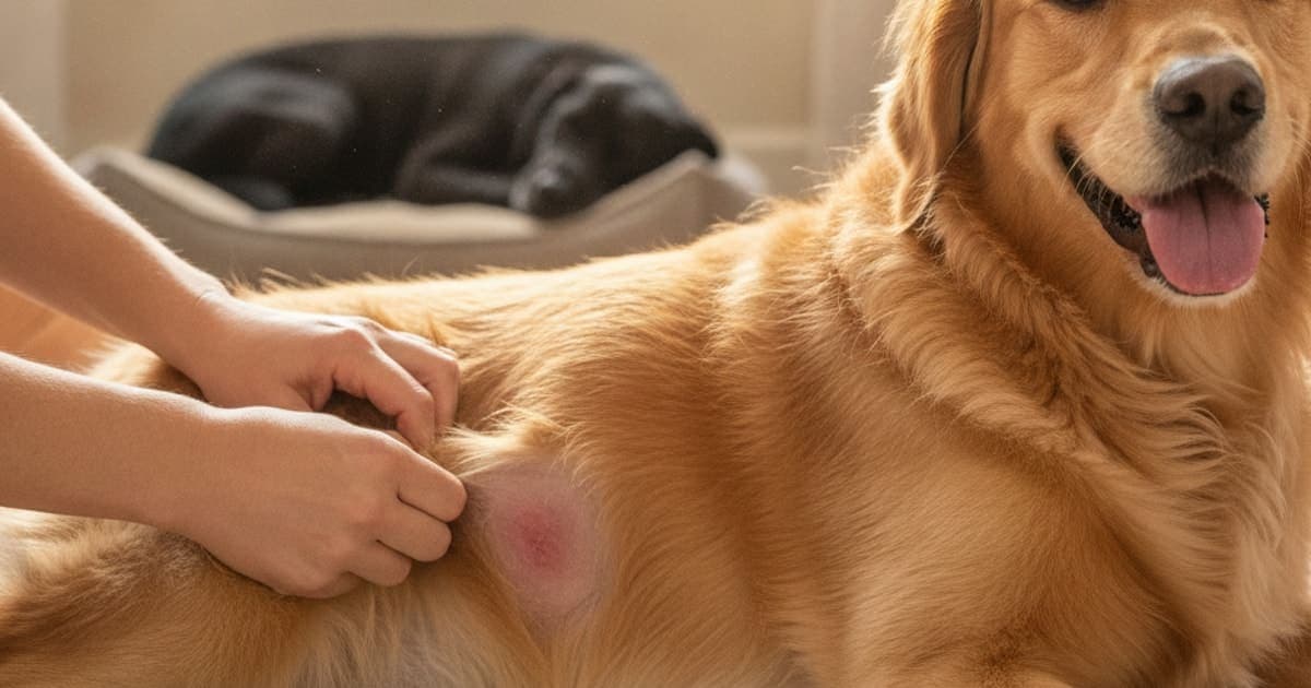 A dog being cared for at home, illustrating what are the first signs of hot spots in dogs? (early clues)