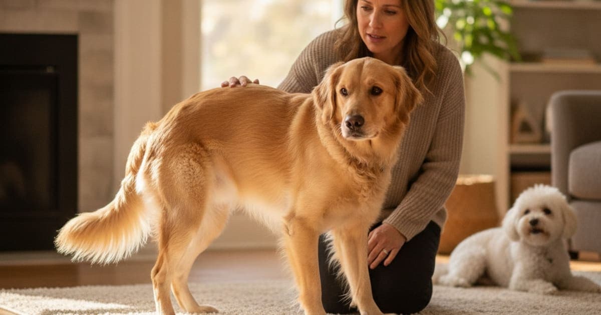 A dog being cared for at home, illustrating what are the first signs of iliopsoas strain in dogs
