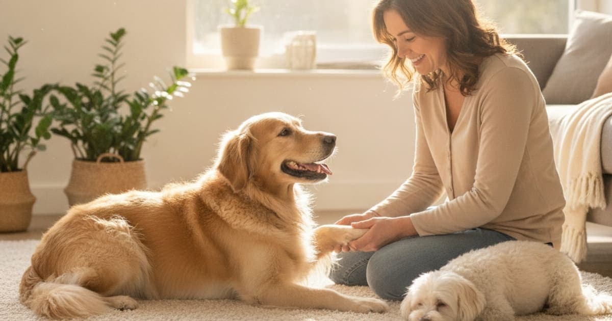 A dog being cared for at home, illustrating what are the first signs of inflammation in dogs